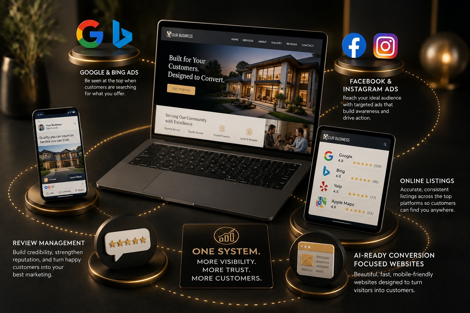 Roseville Living's connected digital marketing system across devices: Google and Bing ads, Facebook and Instagram ads, accurate online listings and reviews, and conversion-focused websites, all working as one system for more visibility, trust, and customers