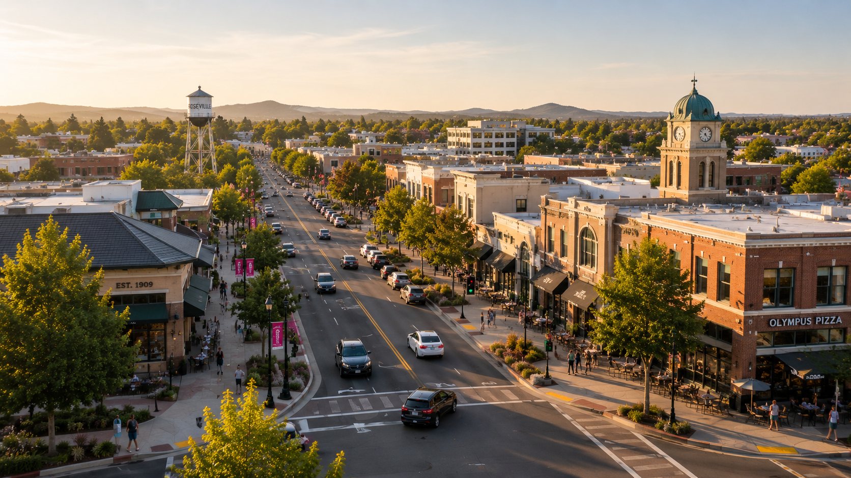 Downtown Roseville on Vernon Street at golden hour, the community Roseville Living serves