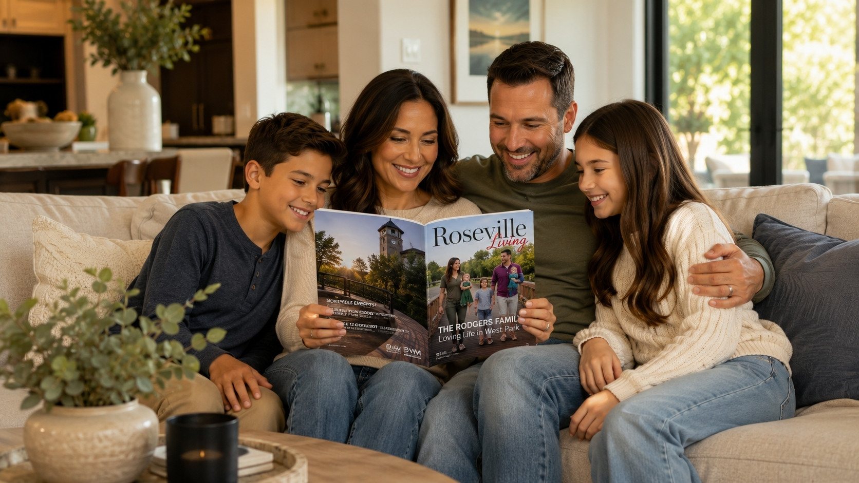 A Roseville family reading the Roseville Living magazine together at home